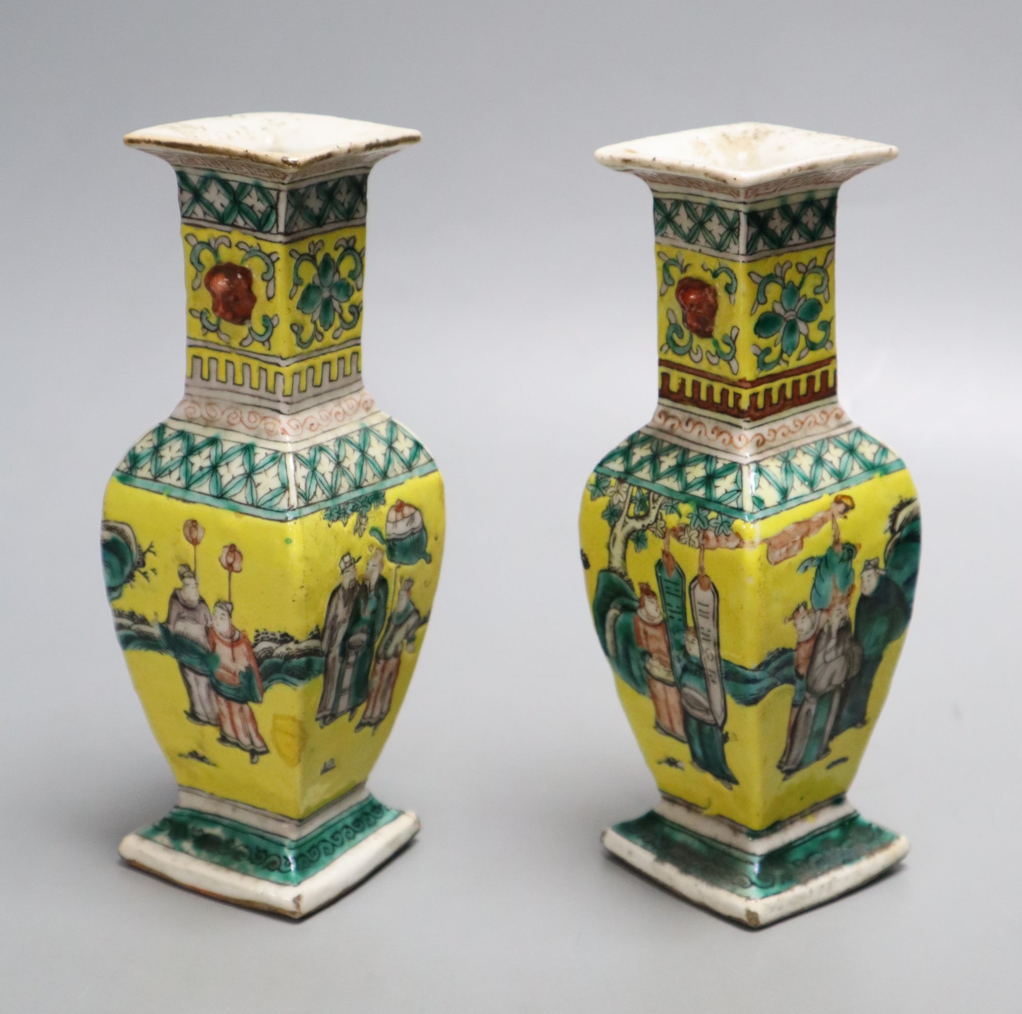 A pair of small Chinese yellow ground square baluster vases, c.1880, height 17cm